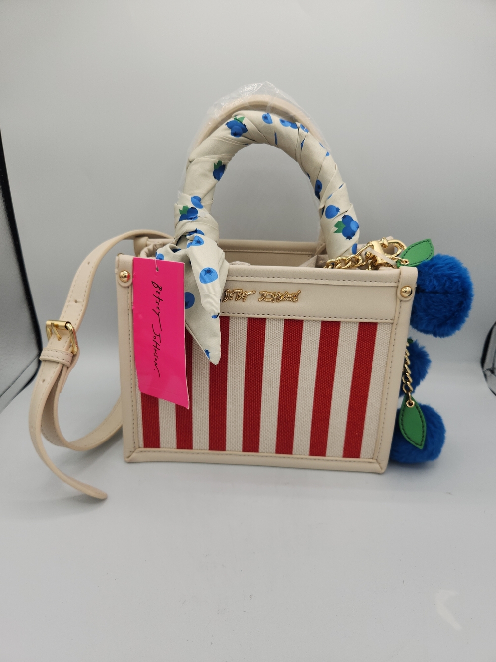 Betsey Johnson Red Stripe Top-Handle Satchel with Blue Pom Accents